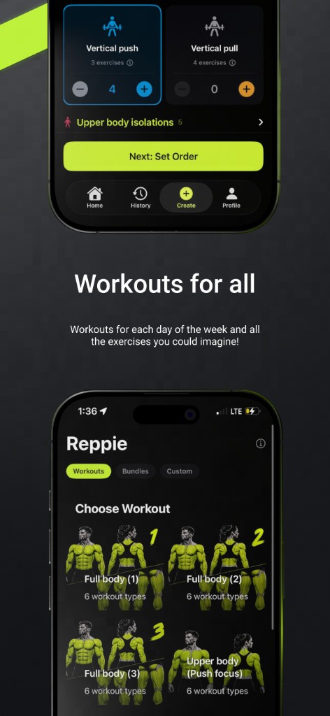 Reppie workout selection with full body and push sessions