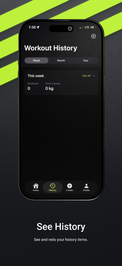 Reppie workout history with week, month, and year views